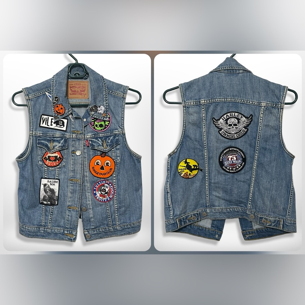 LEVIS Customized Horror Punk DIY Pins & Patchwork Denim Vest S